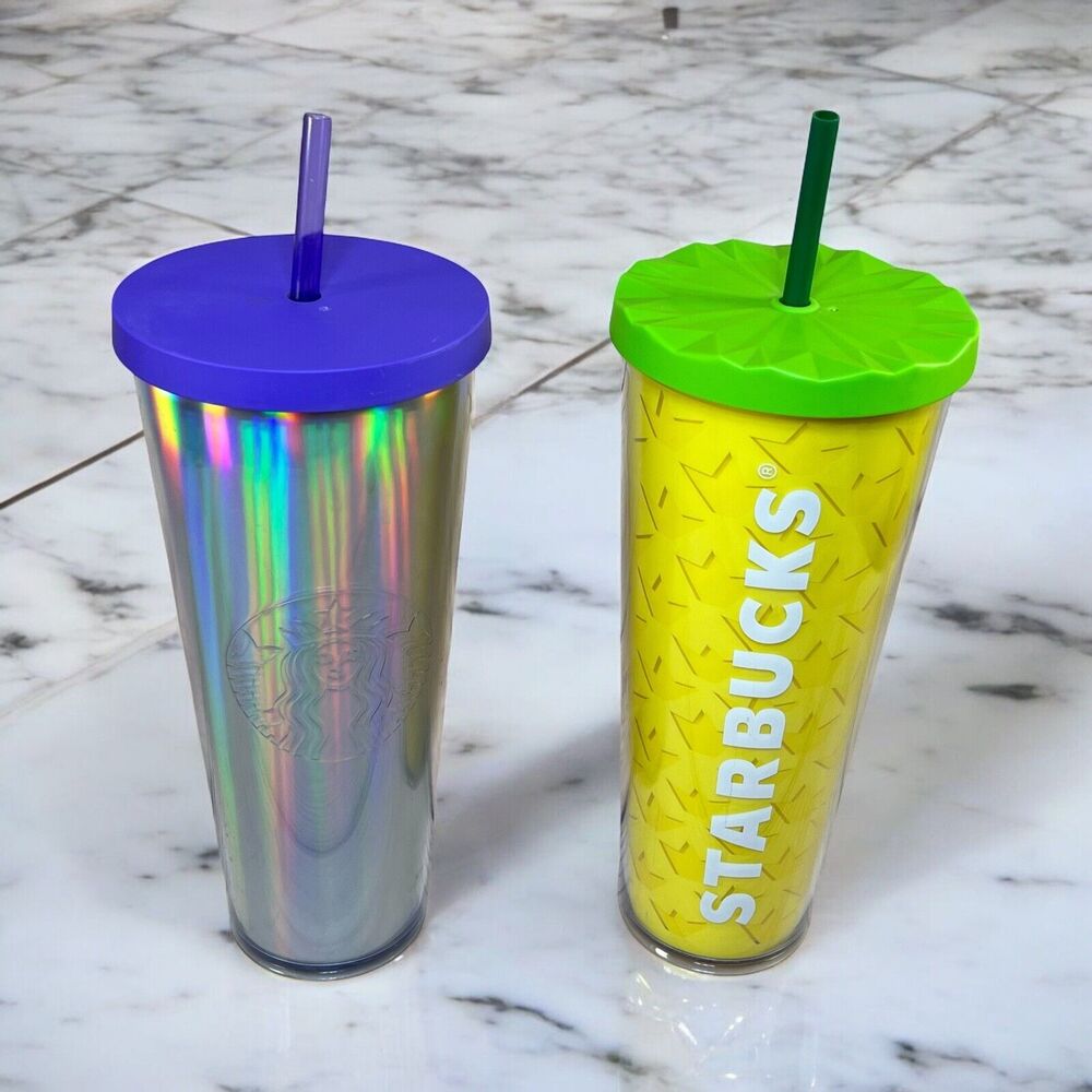 STARBUCKS Tumbler Venti 24oz Cup Lot of 2 Yellow Pineapple & Rainbow Iridescent